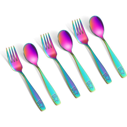 Pimoys rainbow stainless steel toddler utensils set front view