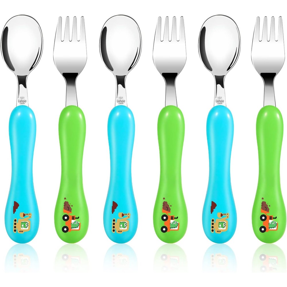 Lehoo Castle toddler utensil set front view with dinosaur graphics