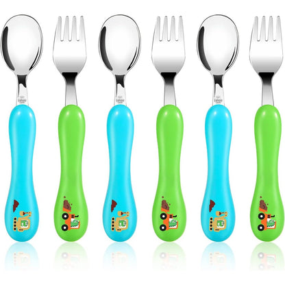Lehoo Castle toddler utensil set front view with dinosaur graphics