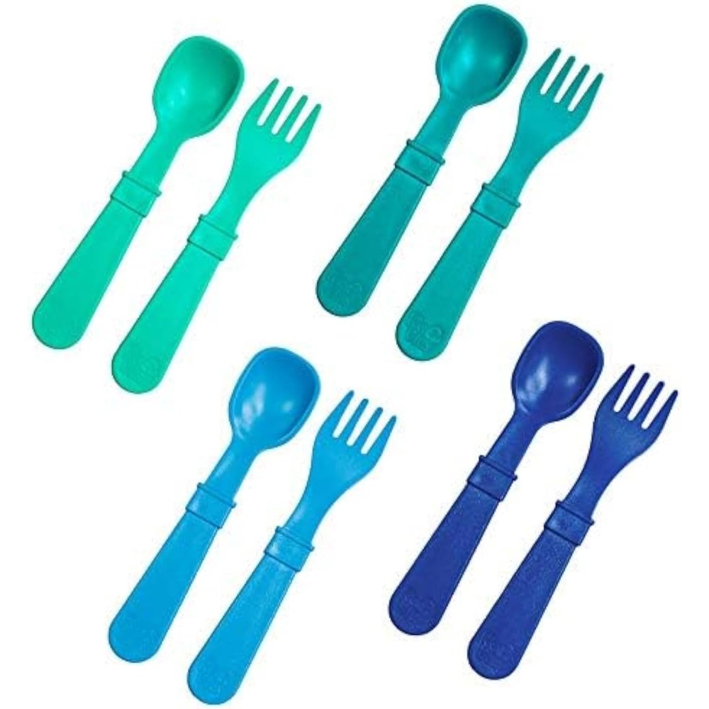 Re-Play toddler fork and spoon set in true blue front view