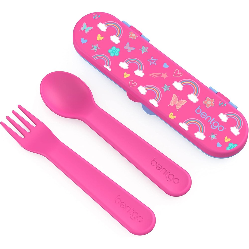 Bentgo Kids Utensil Set Rainbows and Butterflies front view with storage case