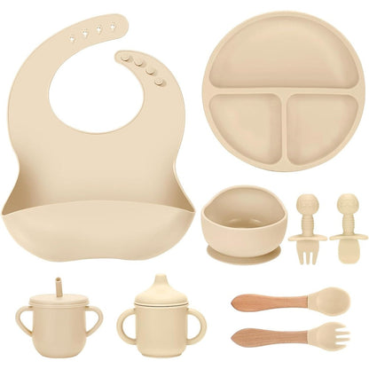 Jelldjk 9 piece silicone baby feeding set front view beige color