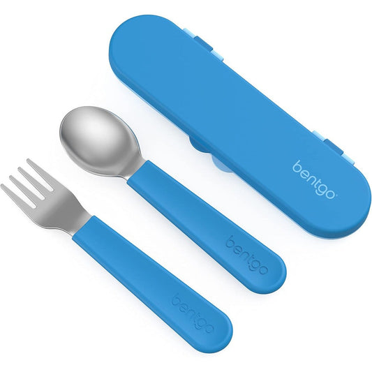 Bentgo Kids stainless steel utensil set with storage case blue front view