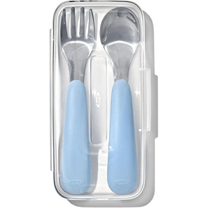 OXO Tot On-The-Go Fork and Spoon Set in Dusk color front view