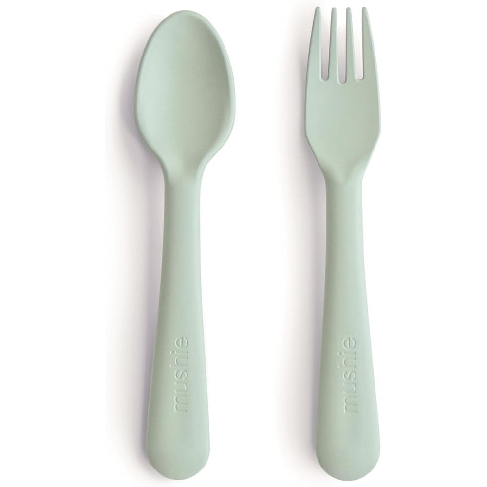 Mushie flatware fork and spoon set sage color front view