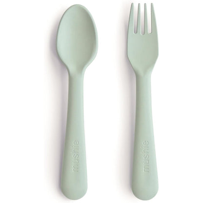 Mushie flatware fork and spoon set sage color front view