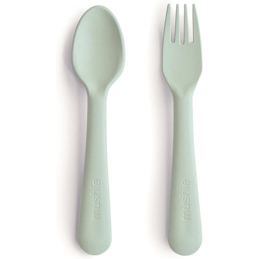 Mushie flatware fork and spoon set sage color front view