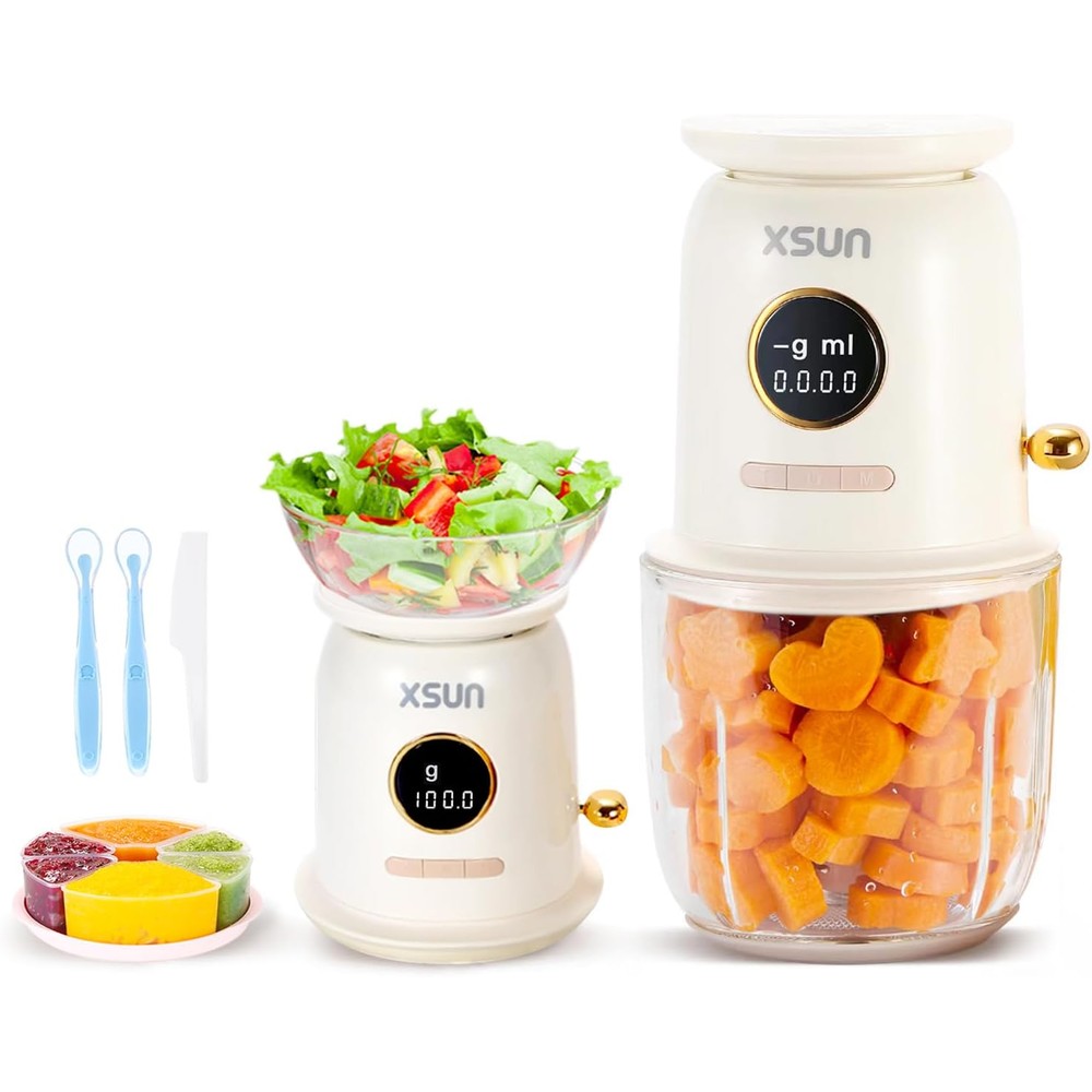 XSUN baby food maker wireless processor set front view showing the glass jar and electronic base