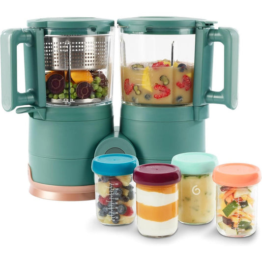Babymoov Duo Meal Glass Exclusive Bundle front view showing sage green base with glass jugs