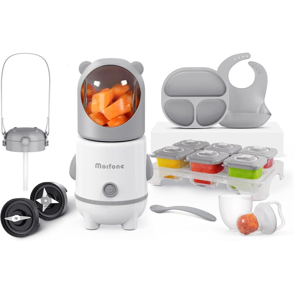 Morfone 17 in 1 baby food maker grey front view on kitchen counter