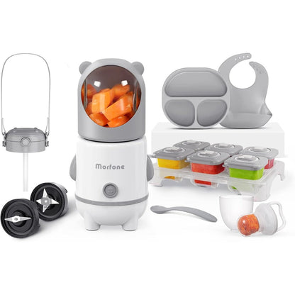 Morfone 17 in 1 baby food maker grey front view on kitchen counter