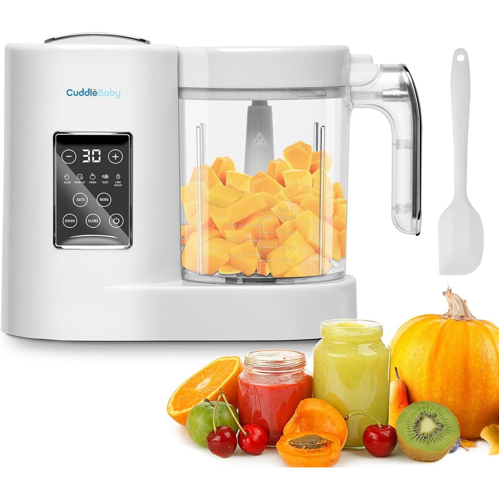CuddleeBaby baby food maker automatic food processor front view showing digital touch screen panel