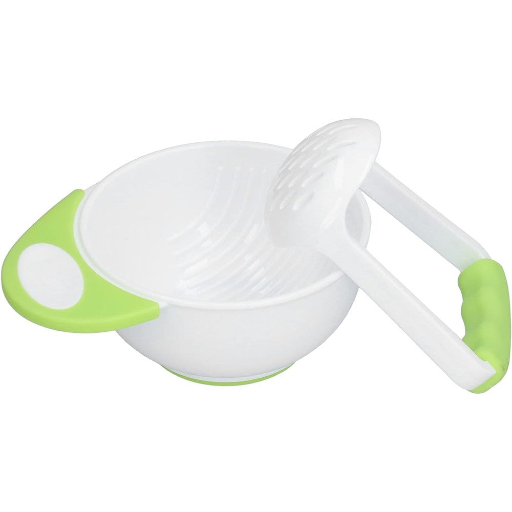 FTVOGUE baby food mash bowl set green front view showing the long handle and grinding rod.