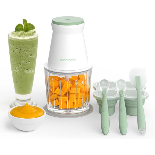 Momcozy 9-in-1 baby food maker front view with green motor base and glass bowl