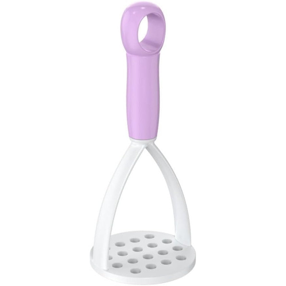 BergHOFF Leo potato masher front view featuring a premium lavender purple handle and white nylon mashing head.