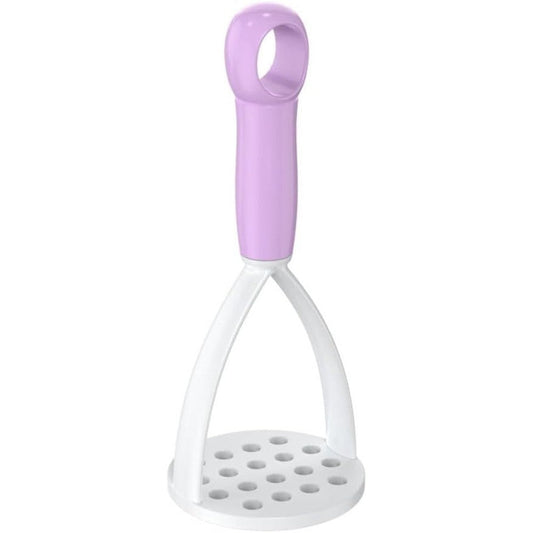 BergHOFF Leo potato masher front view featuring a premium lavender purple handle and white nylon mashing head.