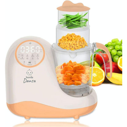 Homia Dansa baby food maker front view showing the digital touch control panel and peach exterior.