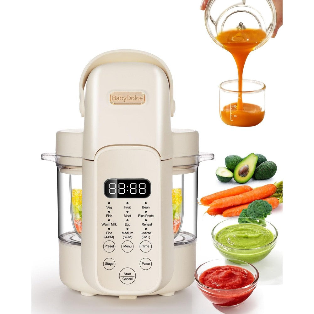 Baby Dolce 9 in 1 glass baby food maker front view showing cream exterior and digital touch screen