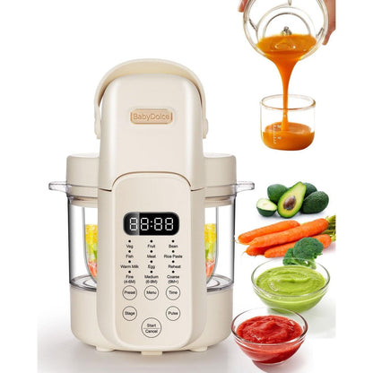 Baby Dolce 9 in 1 glass baby food maker front view showing cream exterior and digital touch screen