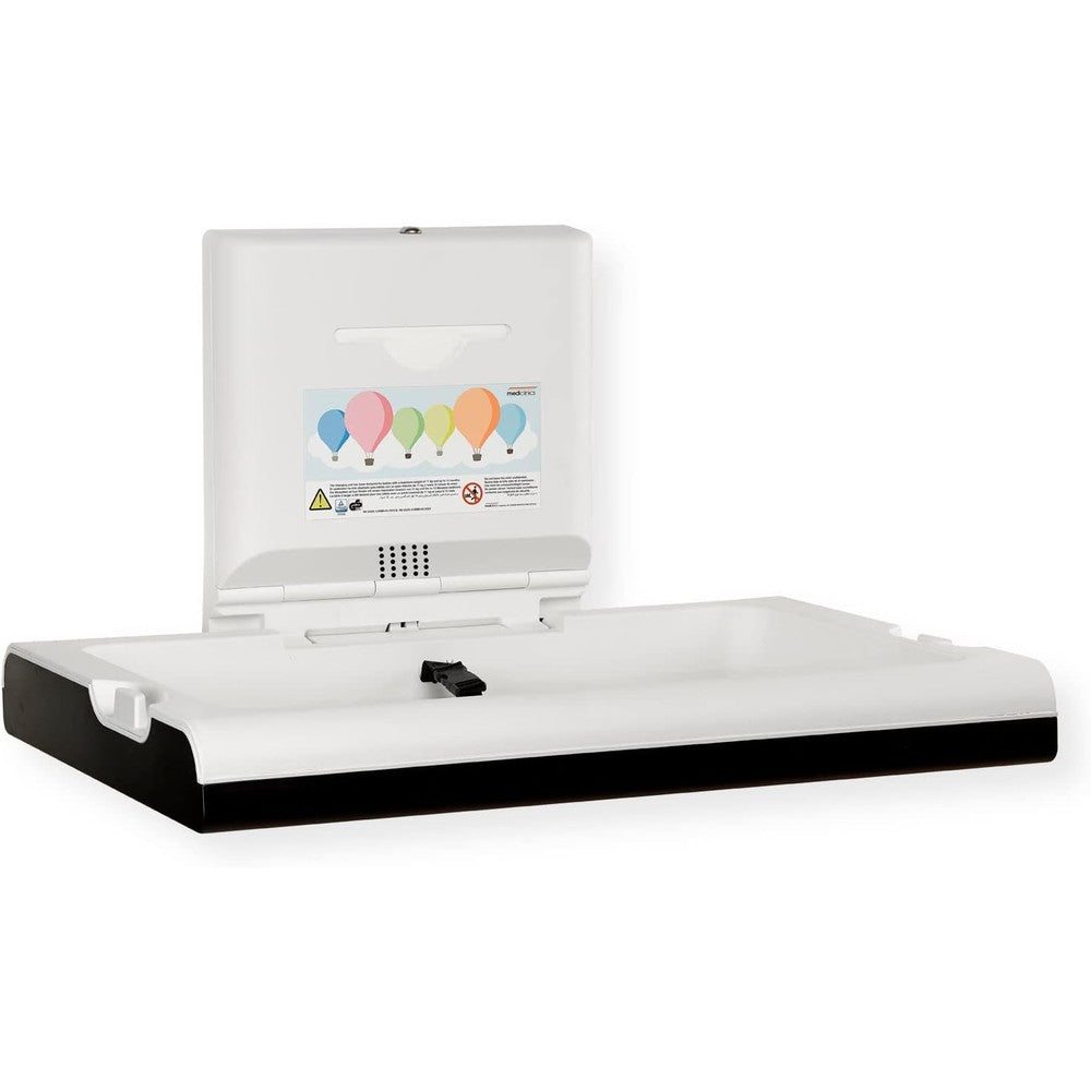 Saniflow BabyMedi horizontal baby changing station front view of matte black stainless steel chassis mounted on commercial restroom wall