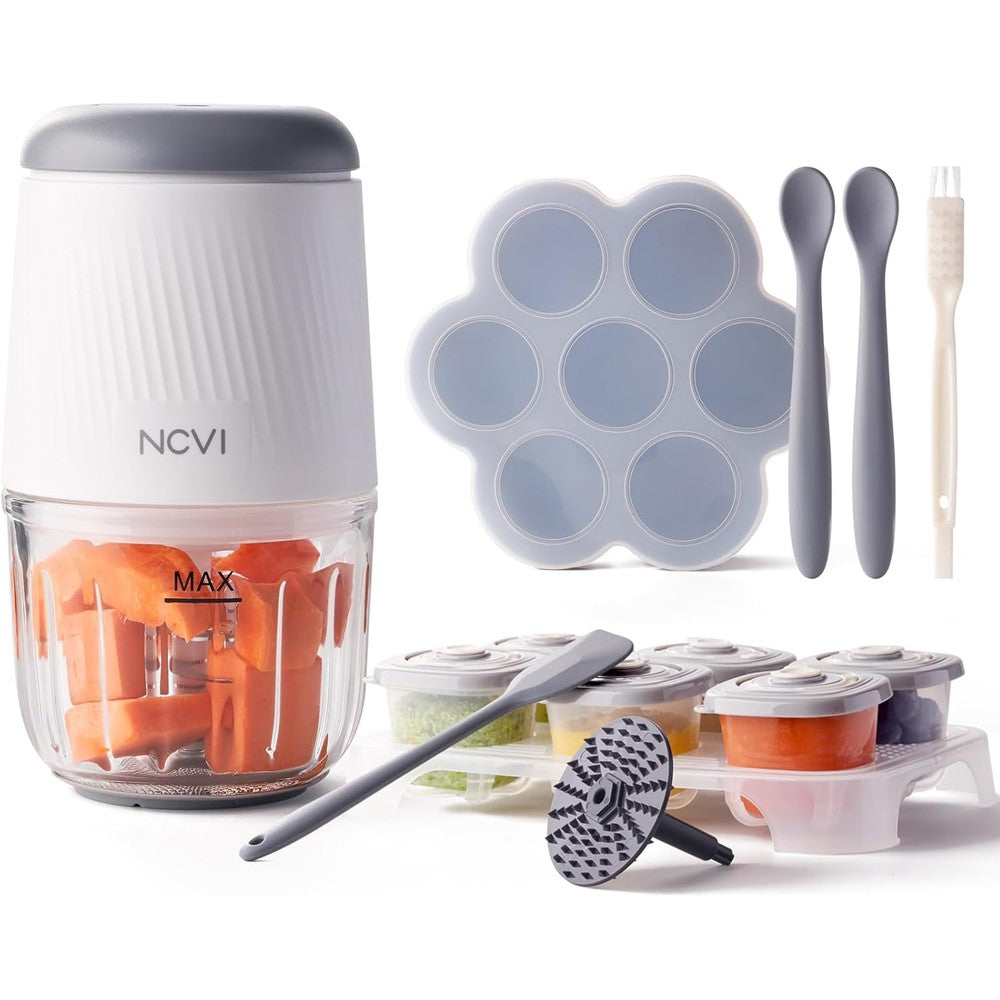 NCVI Puree Baby Food Processor front view showing compact green design and premium glass blending bowl