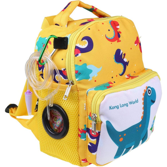 Pinklilycare feeding tube backpack front view showing yellow dinosaur print