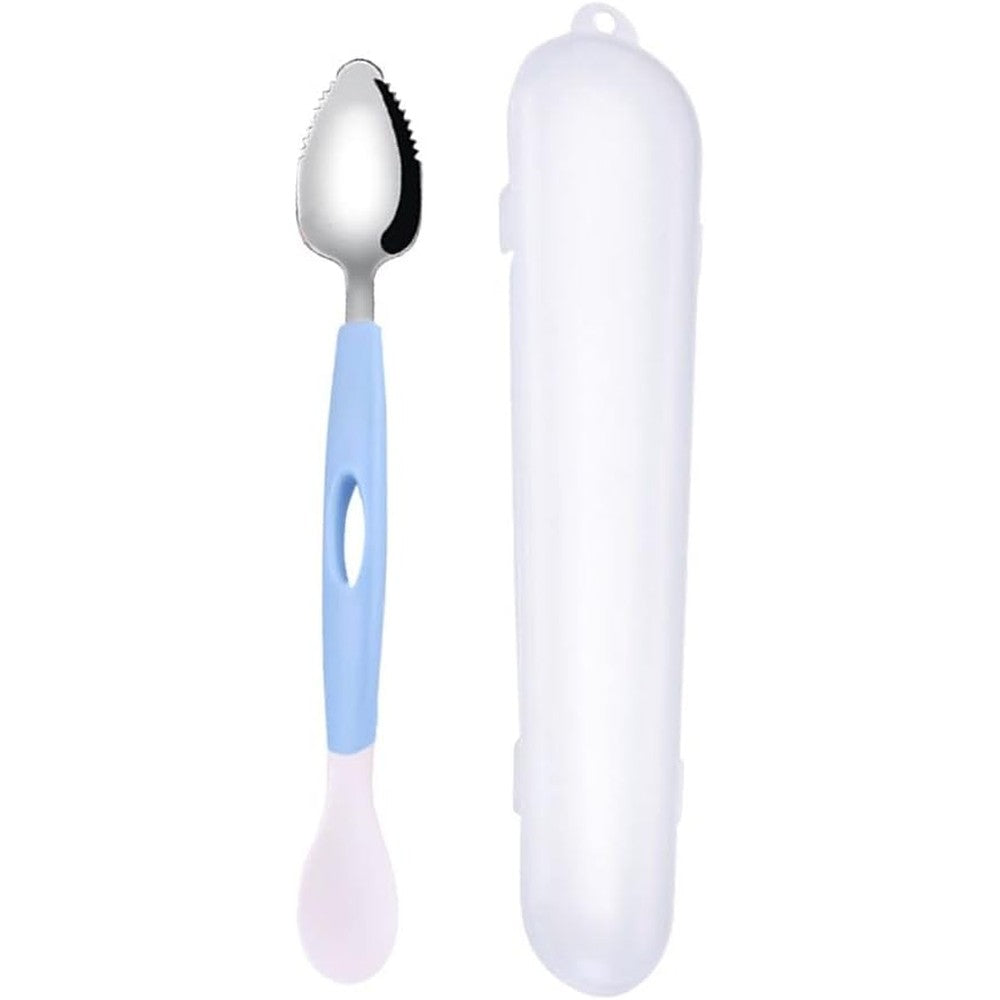 Andy's Orchids Baby Double Headed Food Scraper in blue showing the stainless steel serrated side and silicone tip front view