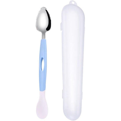 Andy's Orchids Baby Double Headed Food Scraper in blue showing the stainless steel serrated side and silicone tip front view