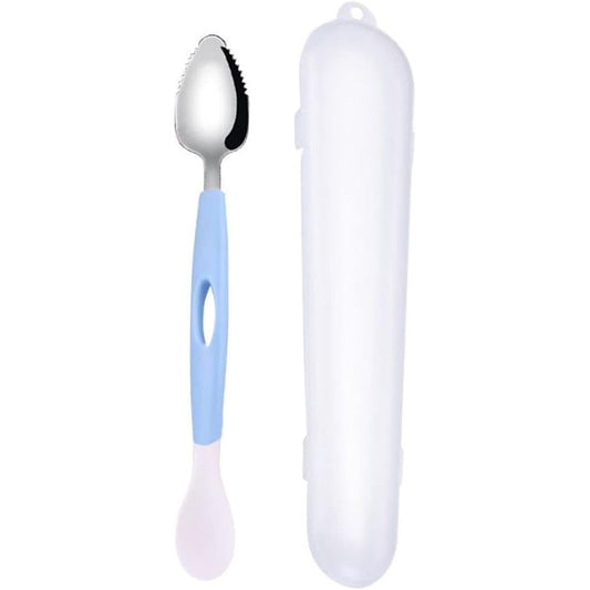 Andy's Orchids Baby Double Headed Food Scraper in blue showing the stainless steel serrated side and silicone tip front view