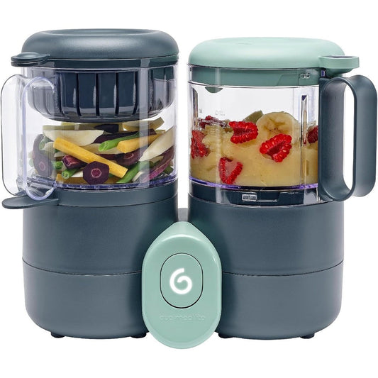 Babymoov Duo Meal Lite baby food processor front view showing dark grey dual compartments