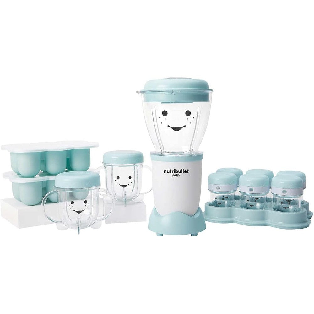 NutriBullet Baby food prep system front view with light blue motor base and happy face blending cup