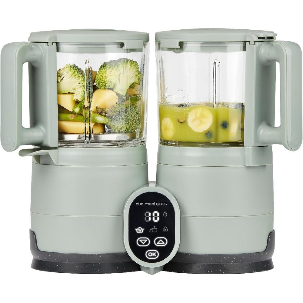 Babymoov Duo Meal Glass Baby Food Maker front view in Celadon Green color showing dual compartments