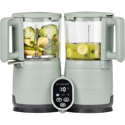 Babymoov Duo Meal Glass Baby Food Maker front view in Celadon Green color showing dual compartments