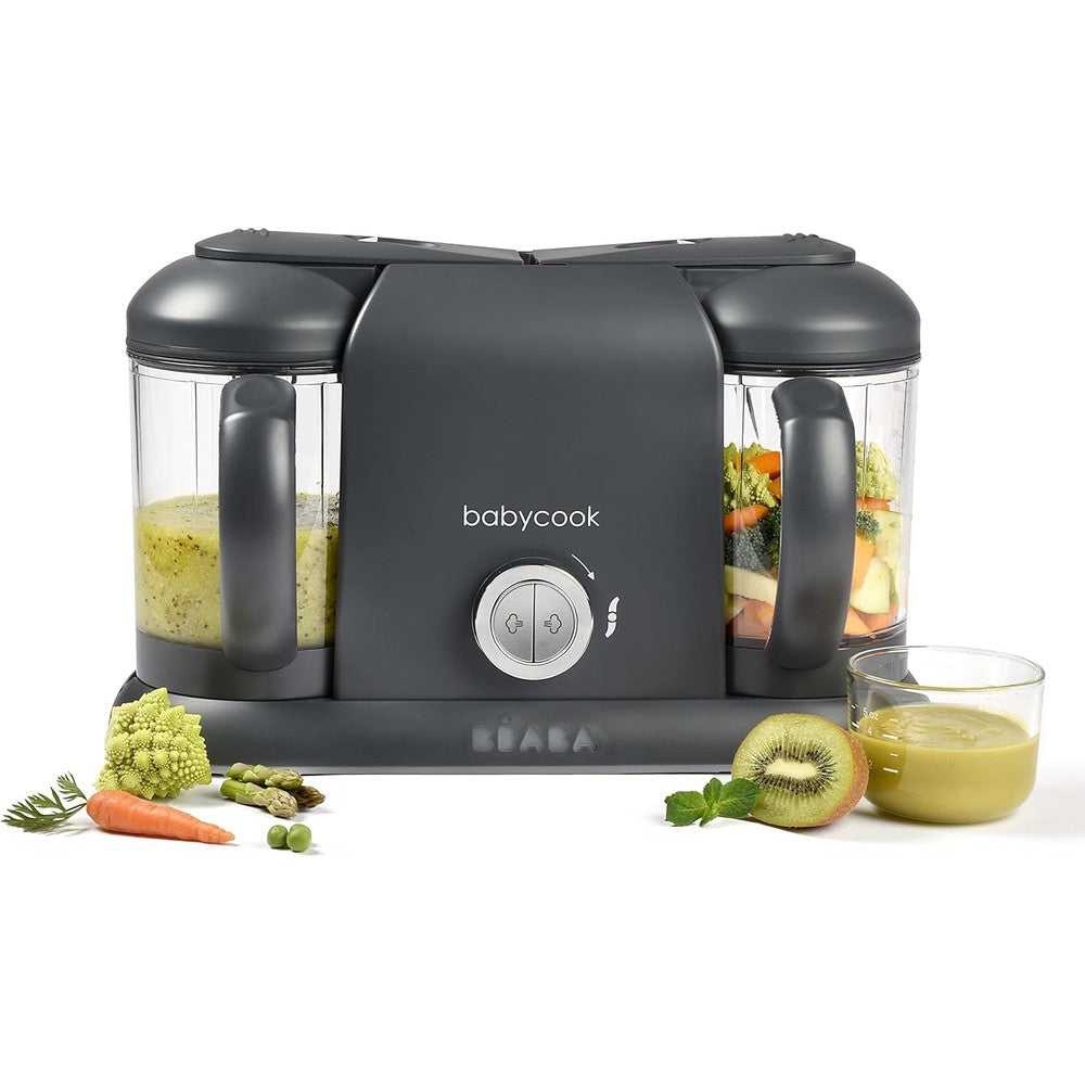 Béaba Babycook Duo 4 in 1 Baby Food Maker charcoal front view on kitchen counter