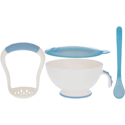 Nuby Garden Fresh Mash N Feed Blue 4 piece feeding system front view showing bowl and masher