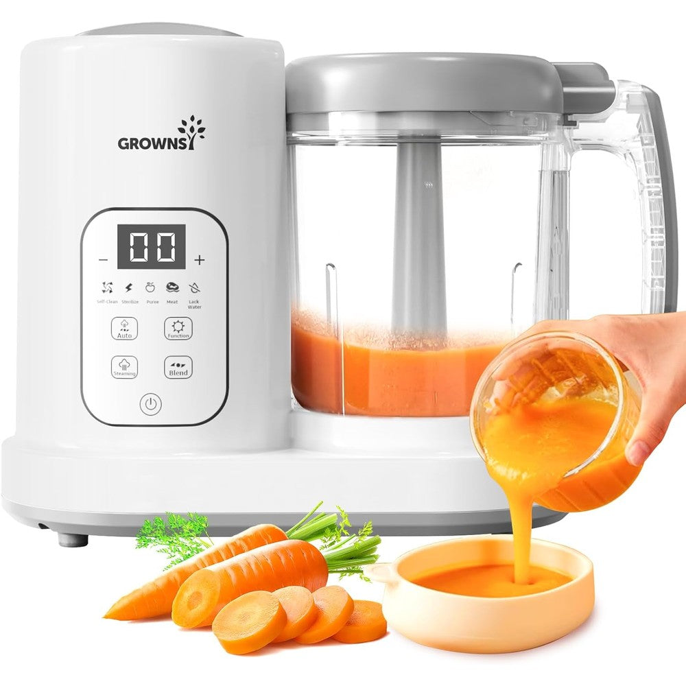 GROWNSY baby food maker front view showing touch screen LCD panel on modern kitchen countertop.