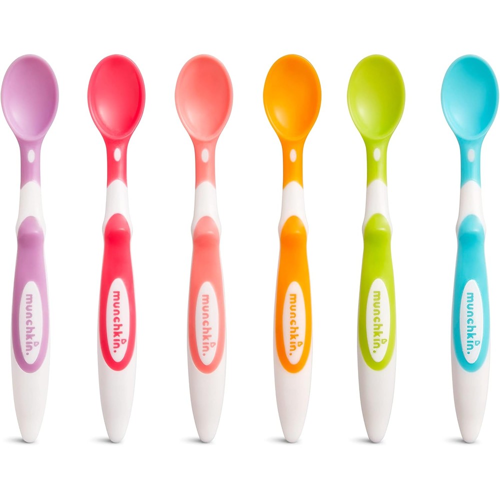 Munchkin Soft Tip Infant Spoons front view pack of six multi colored feeding utensils.