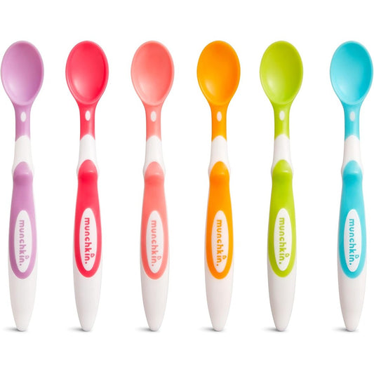 Munchkin Soft Tip Infant Spoons front view pack of six multi colored feeding utensils.