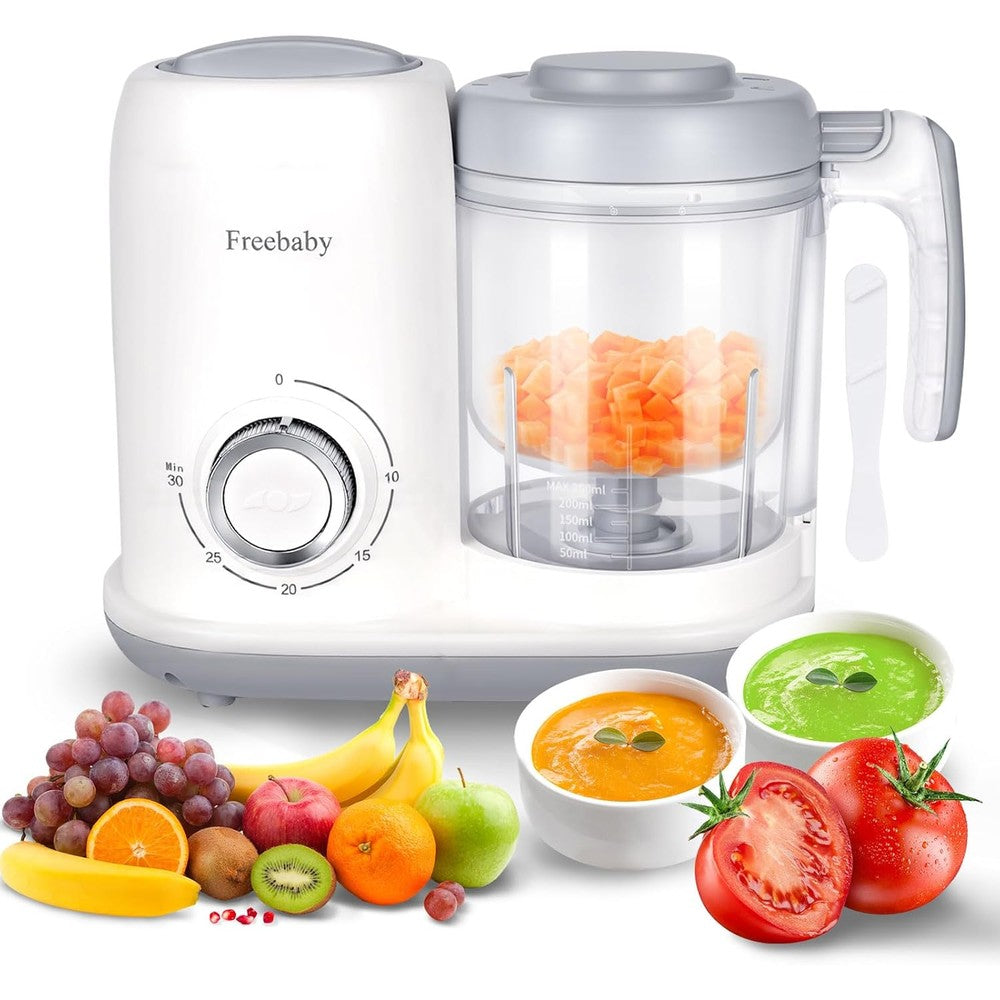 Freebaby 4 in 1 baby food maker front view showing compact digital control knob and steaming container.