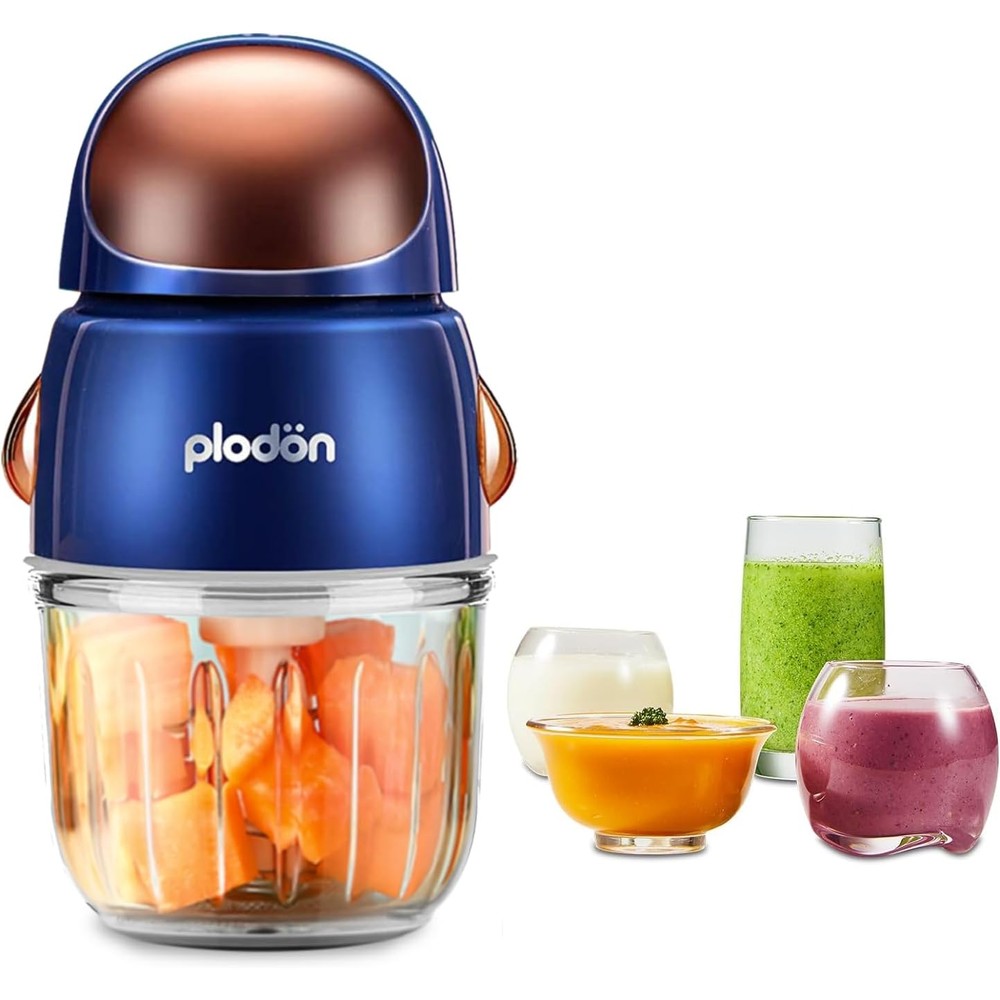 Plodon baby food maker mini food processor front view showing the blue spaceman design and glass bowl.