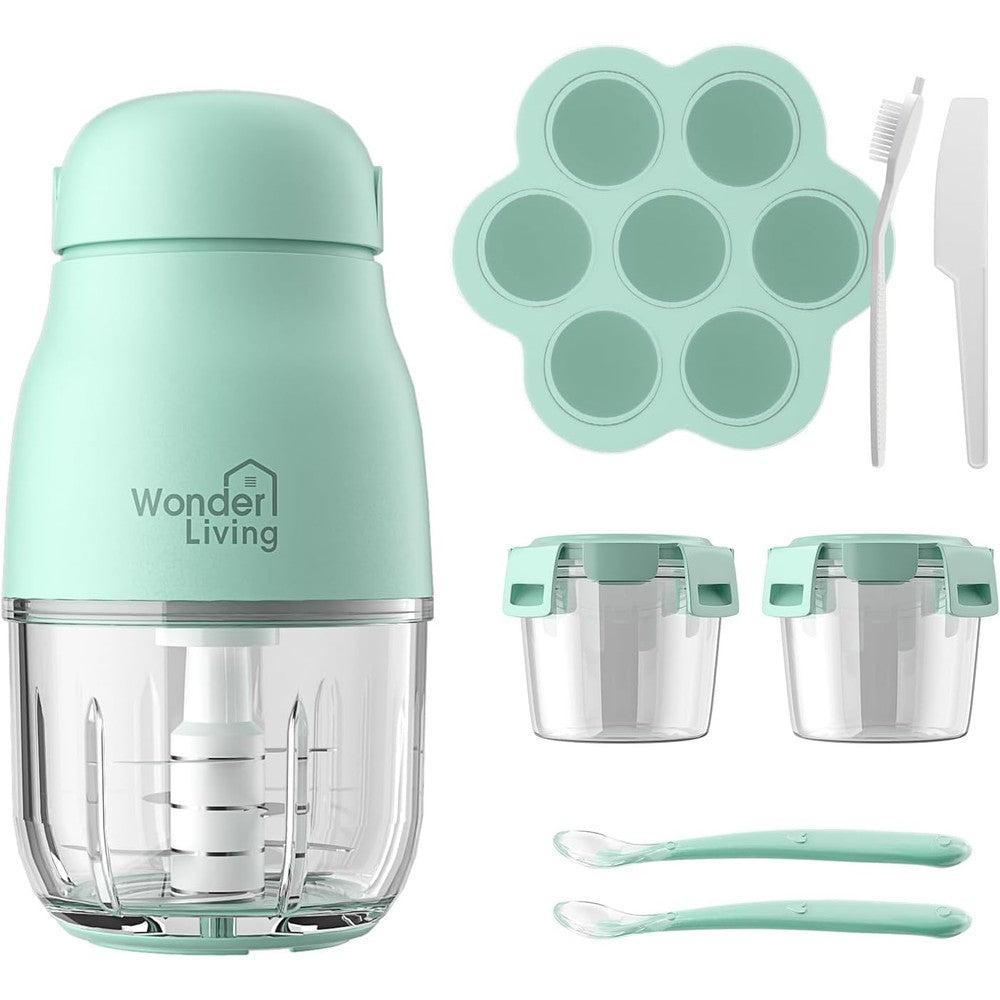 Wonder Living Baby Food Maker front view showing mint green base and clear glass bowl.