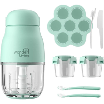 Wonder Living Baby Food Maker front view showing mint green base and clear glass bowl.