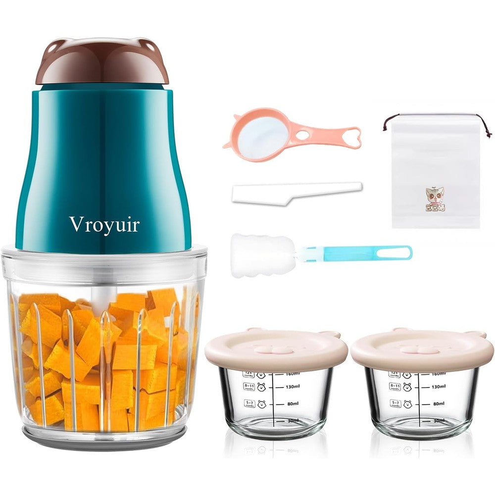 Vroyuir glass baby food maker front view with green motor unit