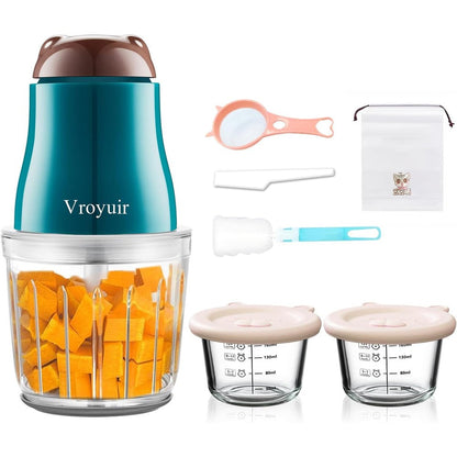 Vroyuir glass baby food maker front view with green motor unit