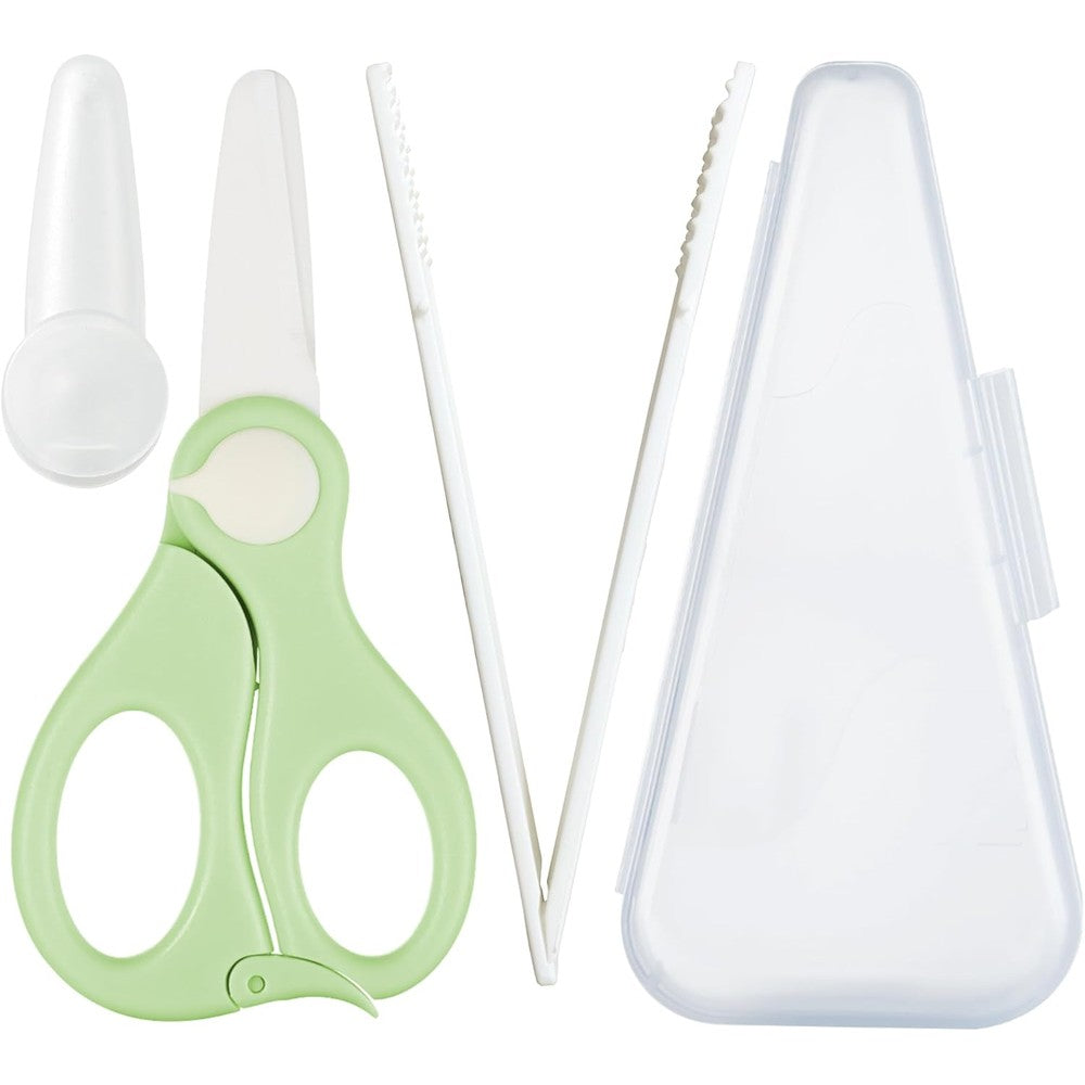 Artenny ceramic baby food scissors and tongs set front view displaying the green handles and white ceramic blades.