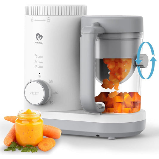 Bellababy baby food processor front view showing compact white and gray design on kitchen counter.