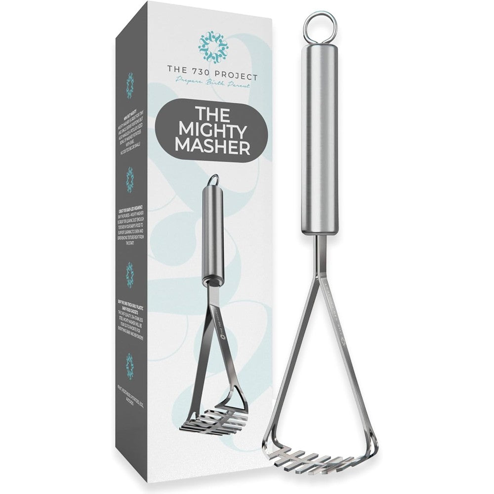 The 730 Project Mighty Masher authentic USA imported premium stainless steel baby food masher front view
