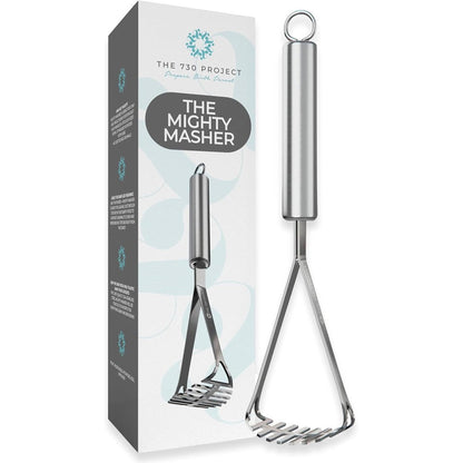 The 730 Project Mighty Masher authentic USA imported premium stainless steel baby food masher front view