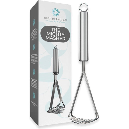 The 730 Project Mighty Masher authentic USA imported premium stainless steel baby food masher front view