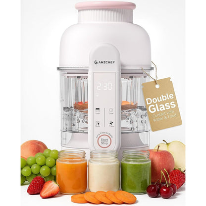 AMZCHEF baby food maker front view with white body and glass bowl showing LED touchscreen interface